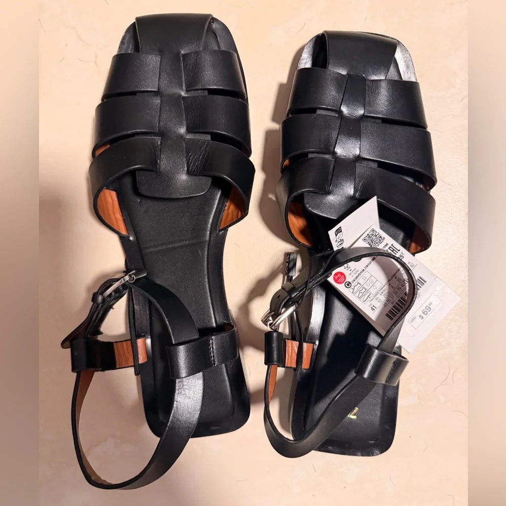 Zara Black Woven Strap Leather Sandals - Picture 2 of 4